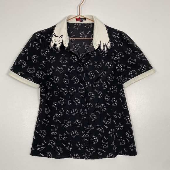 Hell Bunny Tops - Hell Bunny Shirt Womens Medium Black Cat Print Short Sleeve Button Top Novelty